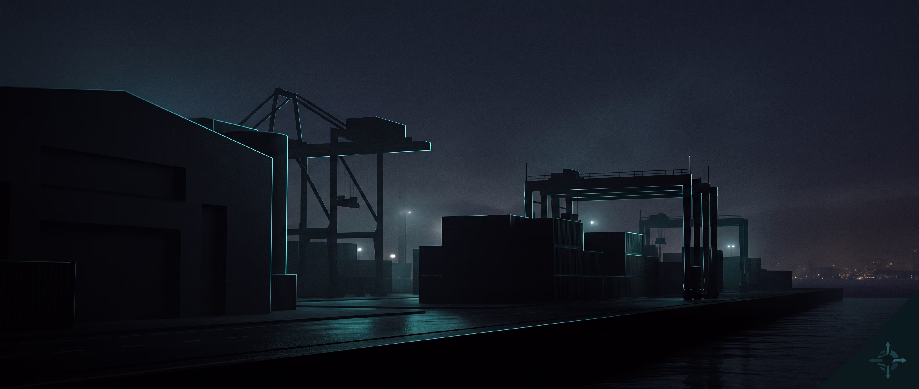 Abstract render of large-scale industrial and logistics infrastructure at night
