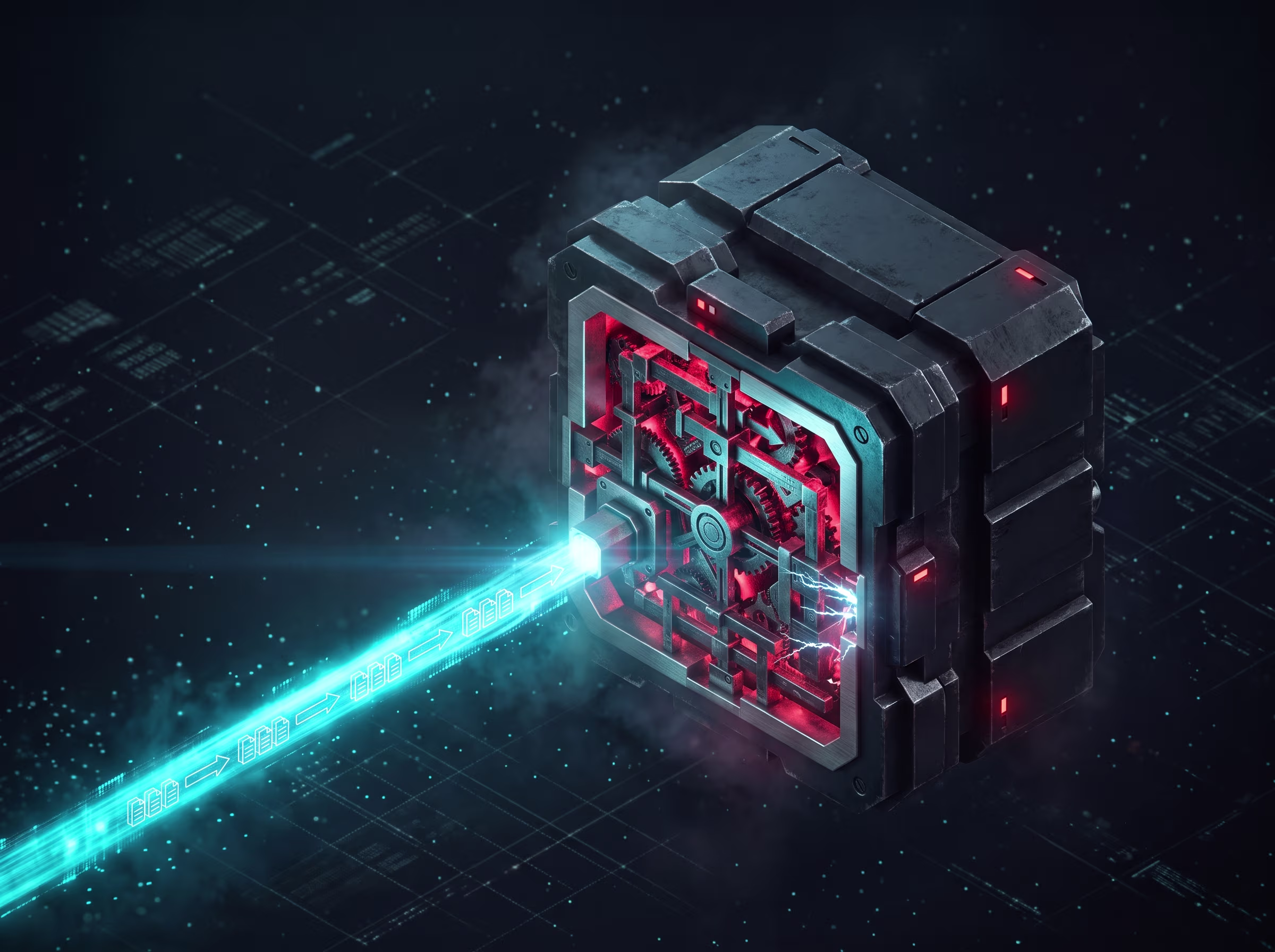 A glowing data path spiraling into a closed proprietary vault