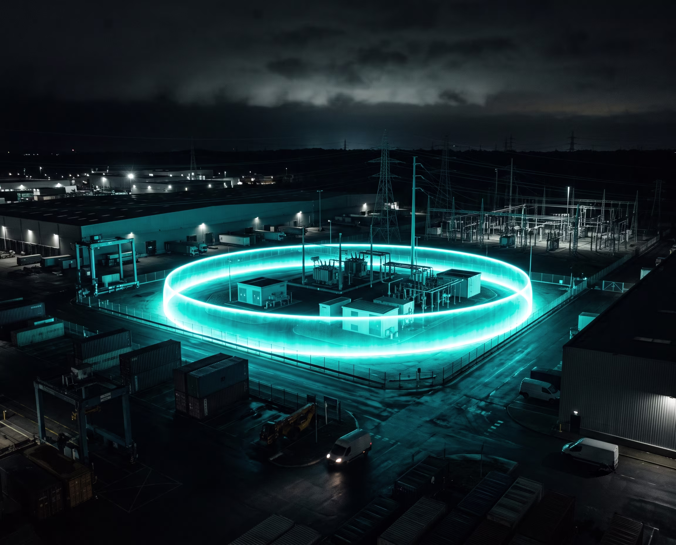 Abstract render of large-scale regional logistics infrastructure at night, a red breach marker being sealed by cyan containment lines
