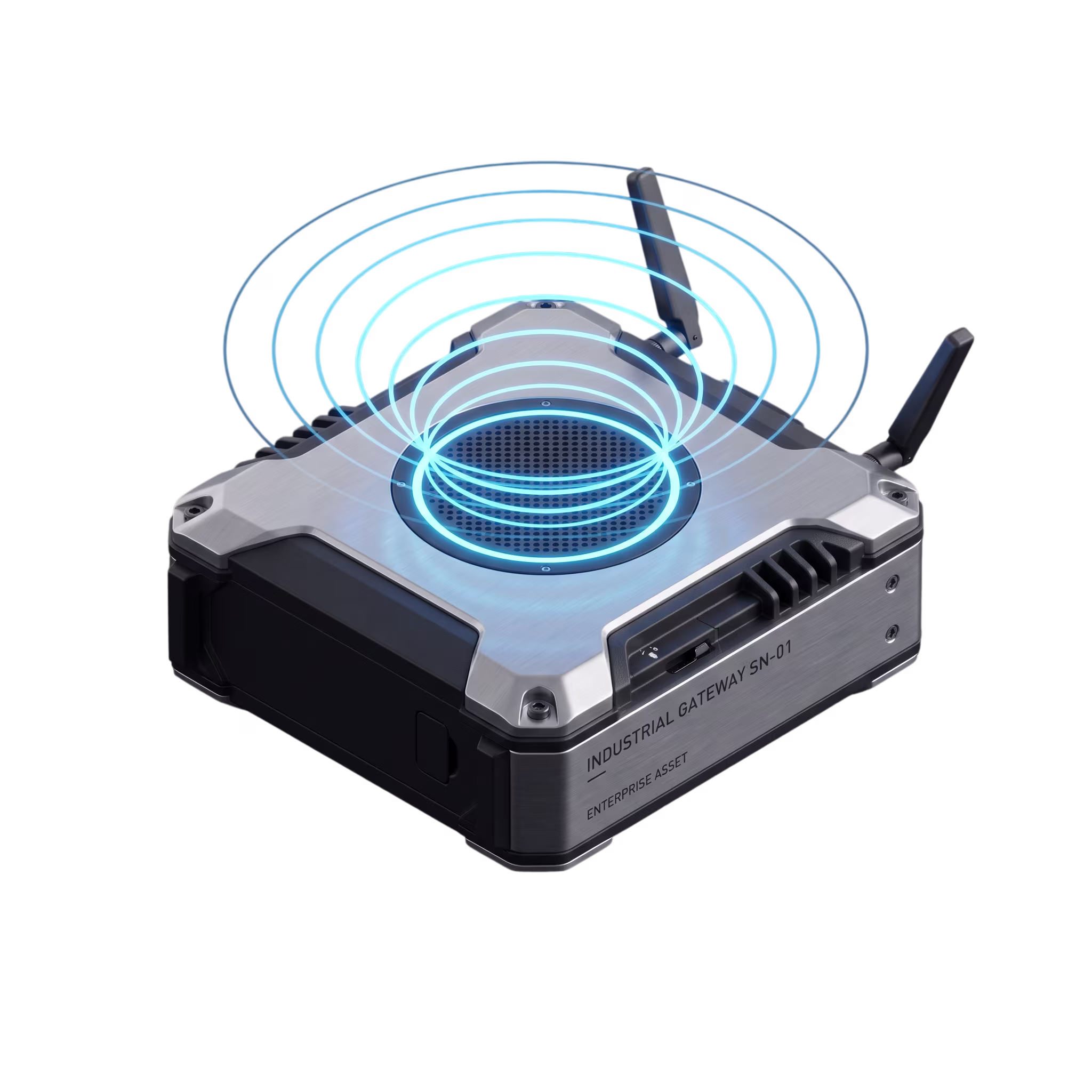 Isometric render of a rugged industrial sensor and gateway node emitting concentric signal rings