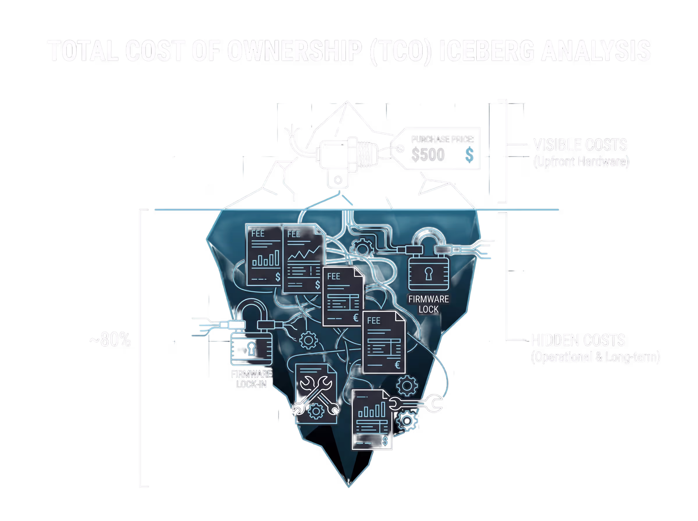 A TCO iceberg: the visible tip is the purchase price, the submerged 80% is fees, firmware locks, and forced replacement costs