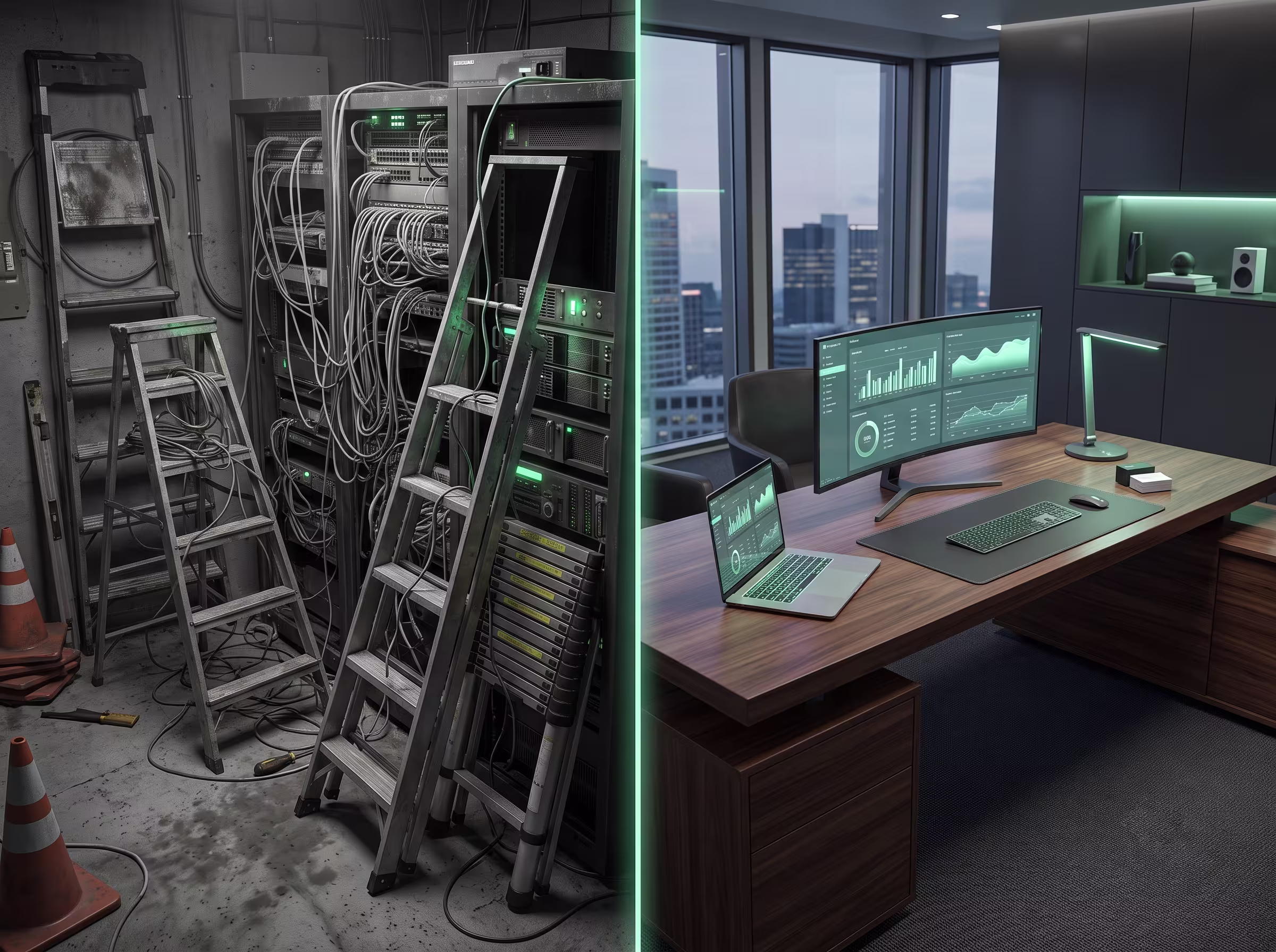 Split render of chaotic field-engineering activity calmly absorbed by an unseen hand, leading into a clean control-room desk